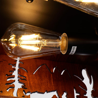 Plafonnier carré encastré à 2 lumières, style western rustique avec découpe en bois de noyer et fer, culot E26, 110 V, profil bas, idéal pour une chambre, un chalet ou une ferme.