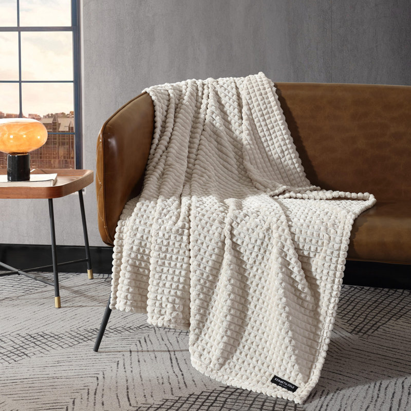 Kenneth Cole Textured Solid Plush Throw Blanket, Beige