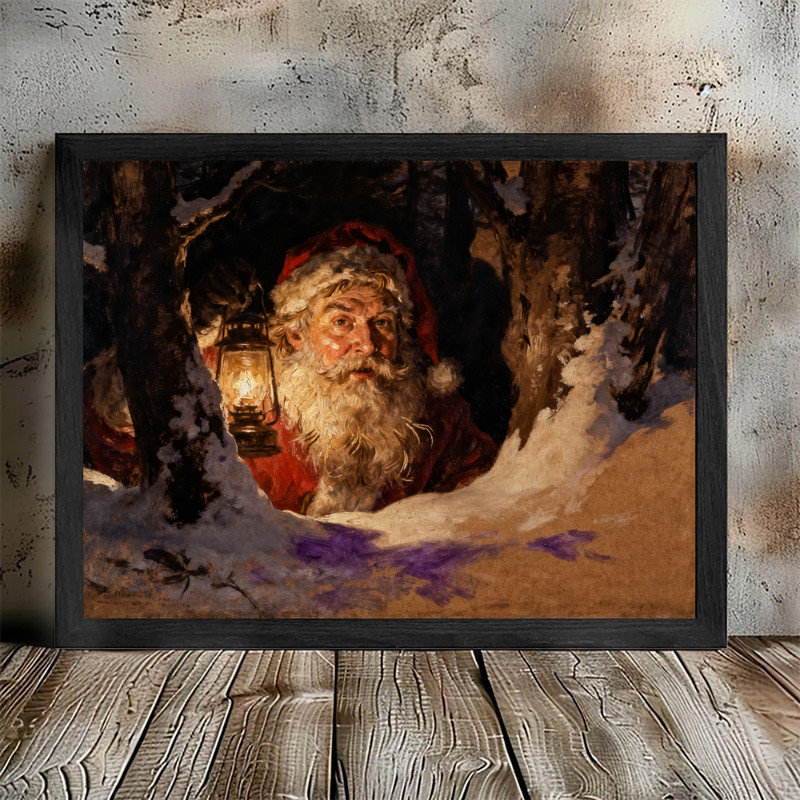 Art mural rétro noir encadré père Noël - Reproduction encadrée de scène de forêt de Noël rustique, H 17 po x l 13 po