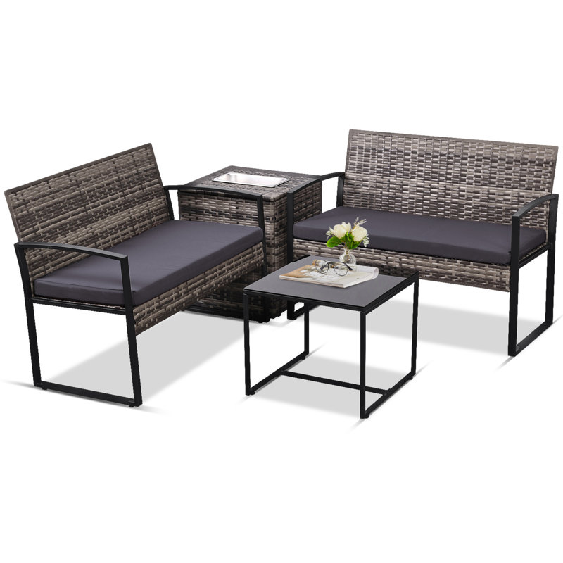 Ensemble de mobilier d'extérieur 4 pièces avec boîte de rangement pour glacière intégrée, ensembles de conversation en osier