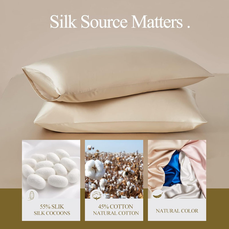Ensemble de taie d'oreiller en soie et masque de sommeil en soie, Taie d'oreiller très grande, Beige