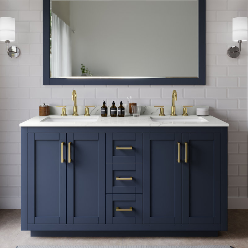 Miranda 60" Freestanding Double Bathroom Vanity with Quartz Top, Dark Blue, Giotto Quartz, Brushed Gold