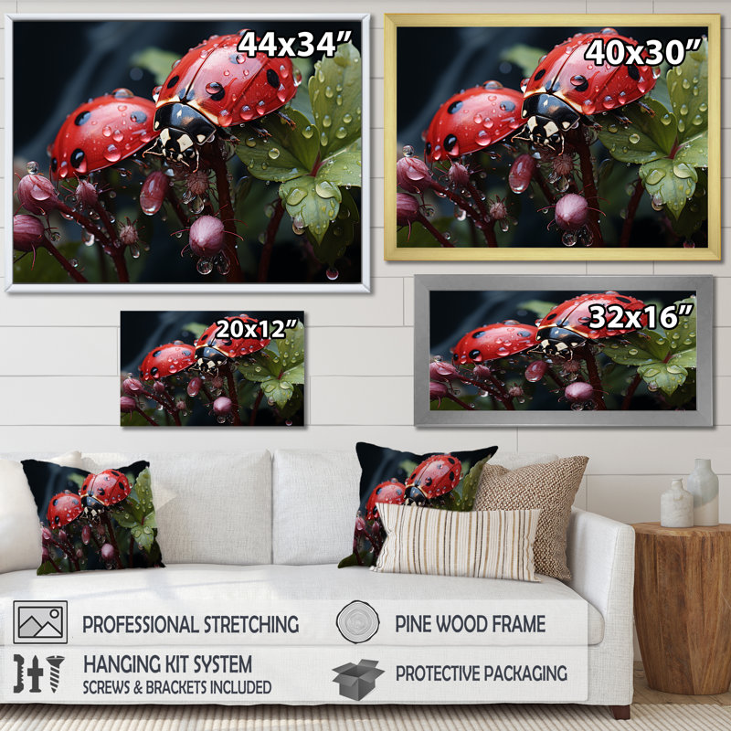 «Botanical Landybug Harmony III», reproduction sur toile, Cadre simple blanc, H 34 po x l 44 po x P 1,5 po