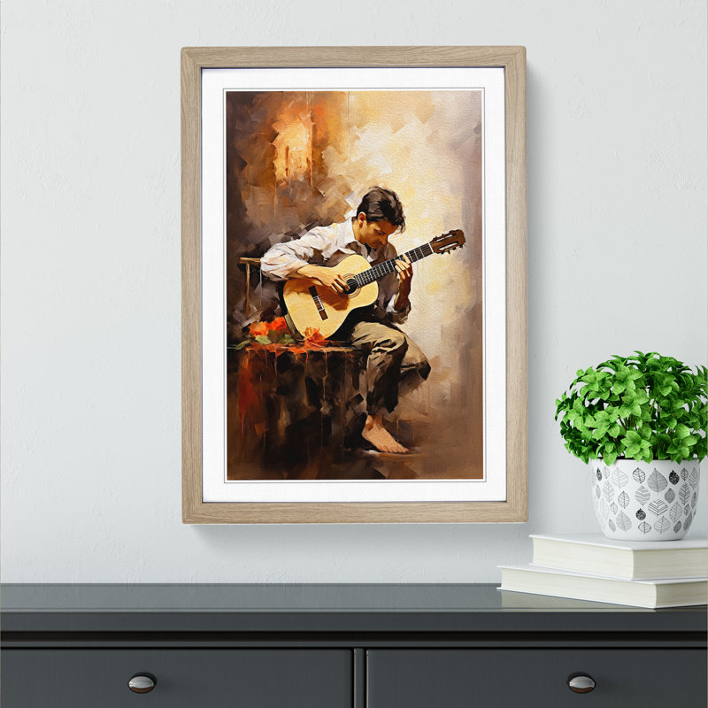 XYZ-FRM-V1223-1755 Acoustic Guitar Impressionism No.2 - Single Picture Frame Print on Wood, 34cm H x 25cm W x 2cm D, Oak 