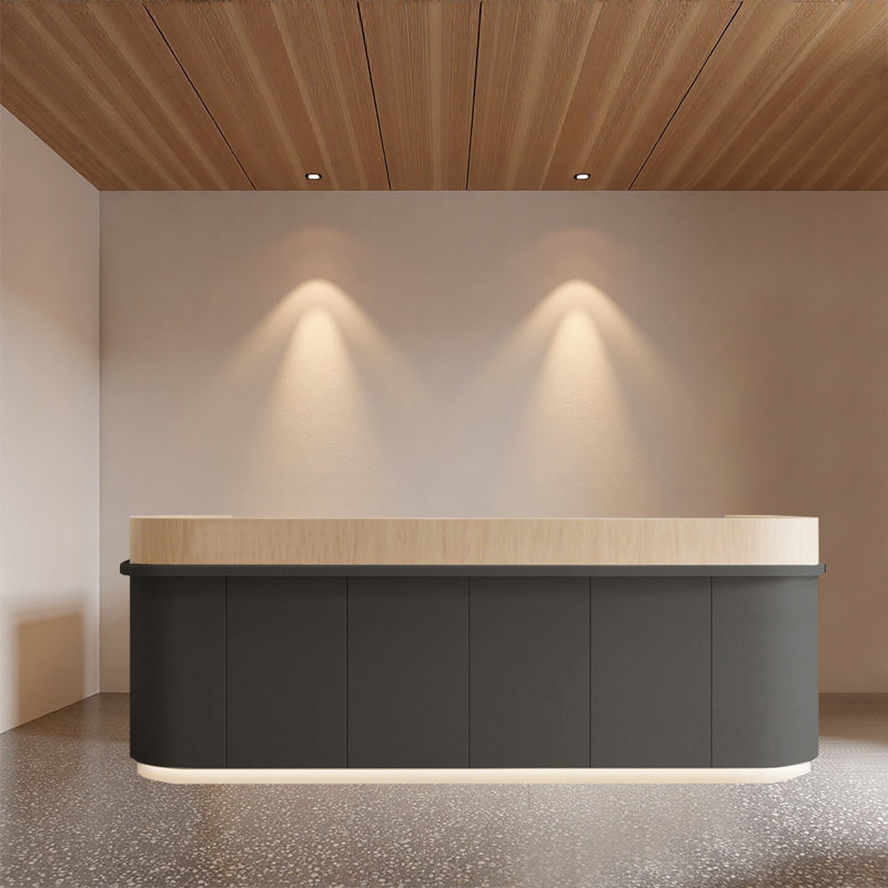 Bureau d'accueil moderne et tendance avec espace de caisse intégré, Noir / bois naturel, H 39,37 po x l 78,74 po x P 23,62 po