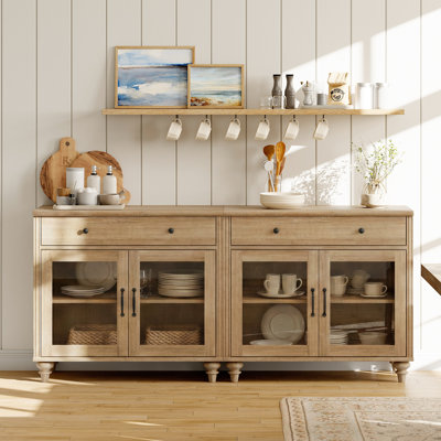 Corretta Sideboard Cabinet With Bar Hutch, 68" Farmhouse Sideboard Credenza For Dining Room, Modern Kitchen Buffet Cabinet, Large Storage Cabinet With Glass Doors And Wooden Drawer, Oak