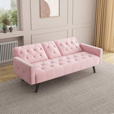 Sofa Bed Armrest with Nail Head Trim with Two Cup Holders 72" Pink Velvet Sofa for Small Spaces