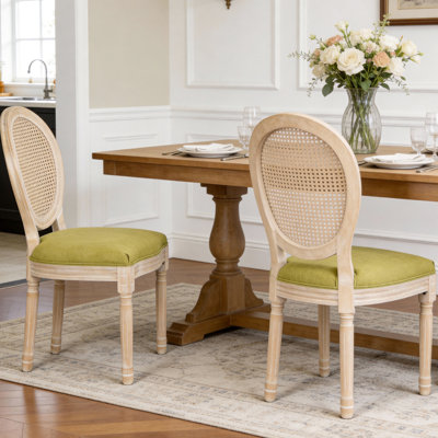 Ensemble de 2 chaises de salle à manger rembourrées Green Country avec dossier rond en rotin naturel pour le salon, la cuisine et le restaurant