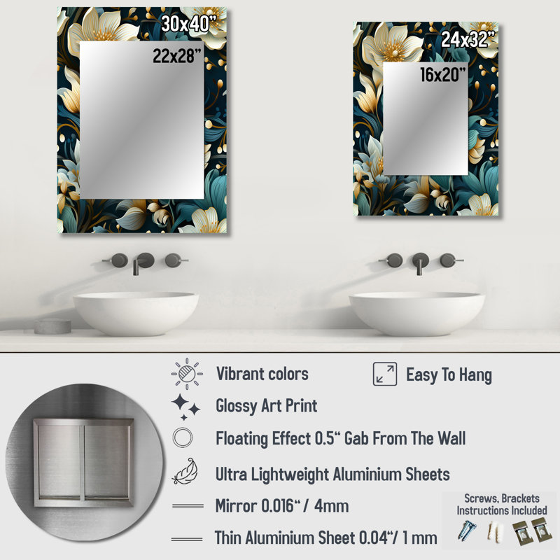 Vins verts et beiges fleurs - miroir mural décoratif floral, miroir floral, impression d'art en métal, 40 po x 30 po