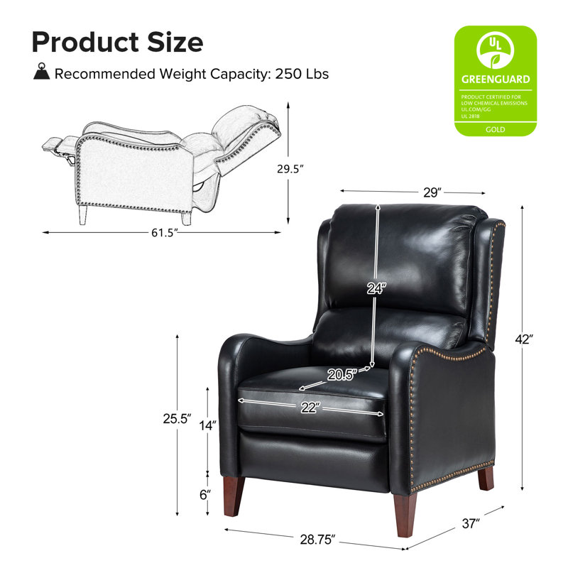 Fauteuil inclinable en cuir Beecher 28,75 po, Cuir pleine fleur noir