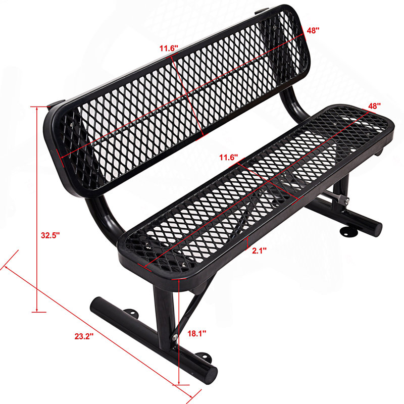 4 pi Banc d'extérieur en acier avec dossier, banc de chambre, H 32,56 po x l 48,03 po x P 23,26 po, Noir