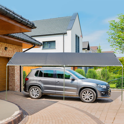 Abri de voiture robuste de 10 pi x 20 pi Outsunny avec ensemble d'ancrage inclus, 3 câbles en acier renforcé, gris