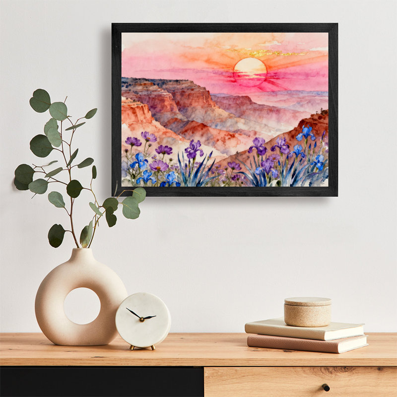 Reproduction d'art encadrée noire rétro de paysage primitif coloré, H 25 po x l 37 po