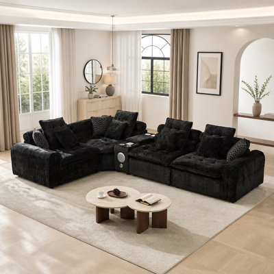 Canapé d'angle modulaire en laine d'agneau noire moelleuse de 350 cm (137,7 po), avec assise profonde et coussins décoratifs, idéal pour le salon.