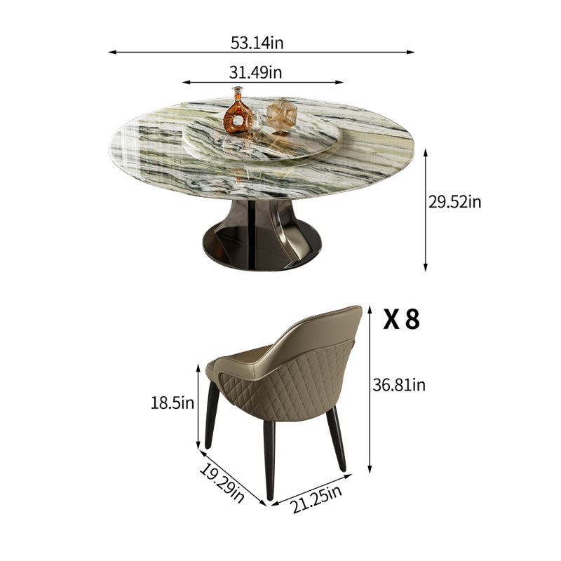Modern Luxury Marble Round Dining Table Set, 29.52"H x 53.14"L x 53.14"W, 9 Pieces: Table, 8 Chairs