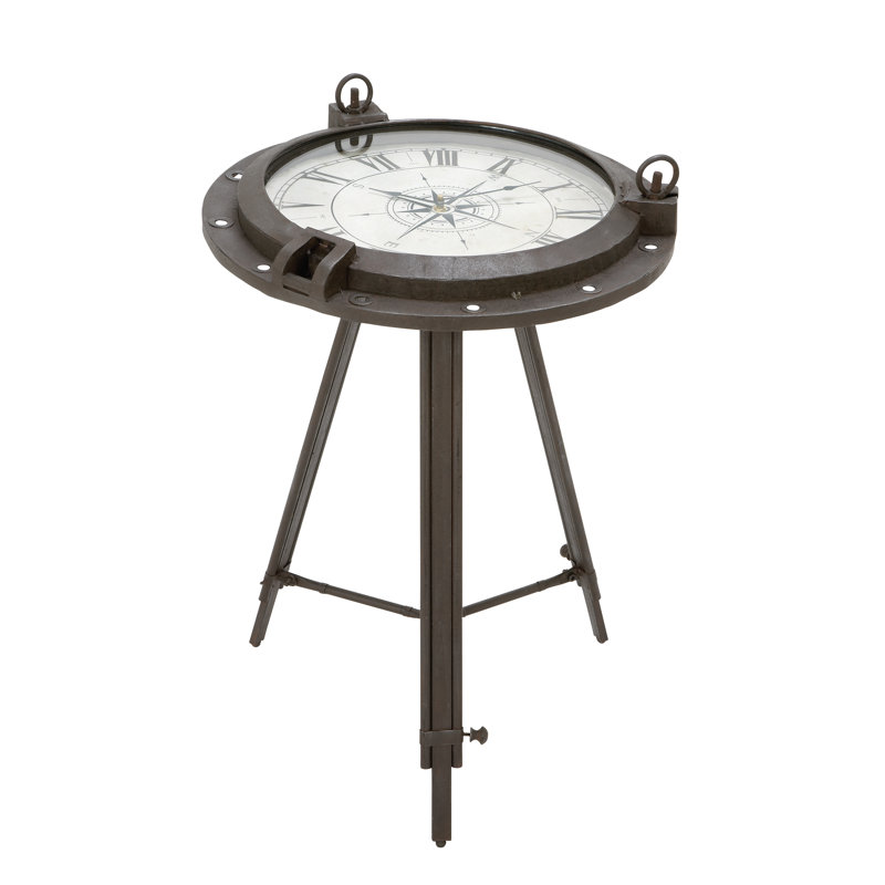 Wyble Metal Compass Side End Accent Table with Clock and Clear Glass Top, Black, 24" H x 19" W x 19" W