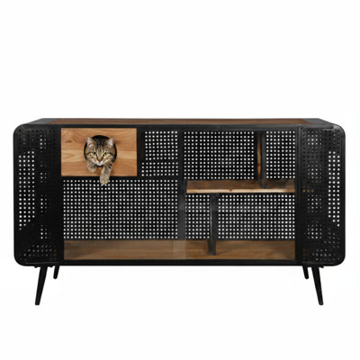 A roomy 55.12-inch cat dwelling featuring tempered glass panels, ideal for living rooms, hallways, studies, or other indoor spaces.