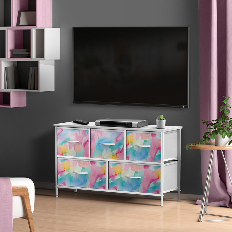  Dresser with 5 Drawers with Steel Frame, Wood Tops, and Fabric Bins, Blue