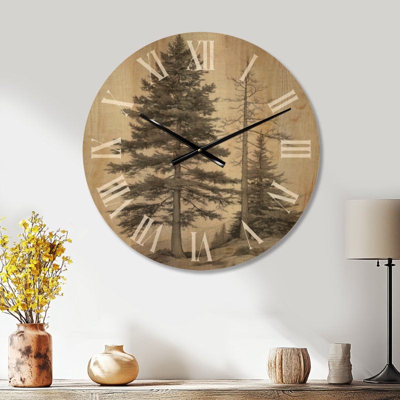 Grande horloge murale botanique - pin rétro sur une montagne, imprimé sur bois, Medium