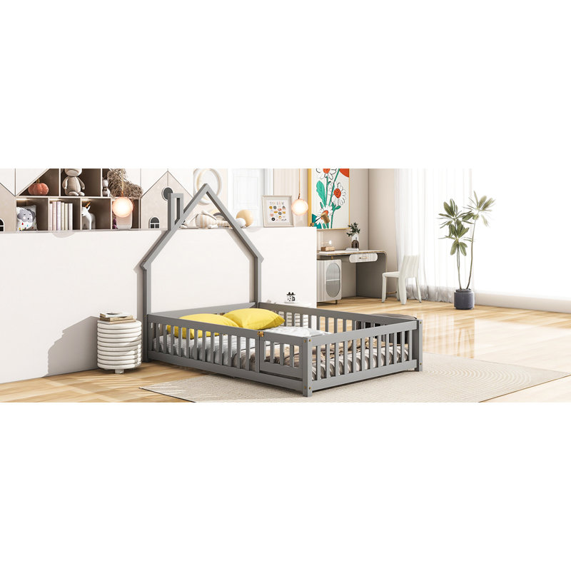 Lit de tête de lit en forme de maison avec clôture en gris - Mobilier de chambre confortable et en bois de pin pour une bonne nuit de sommeil, clôture facile à assembler,