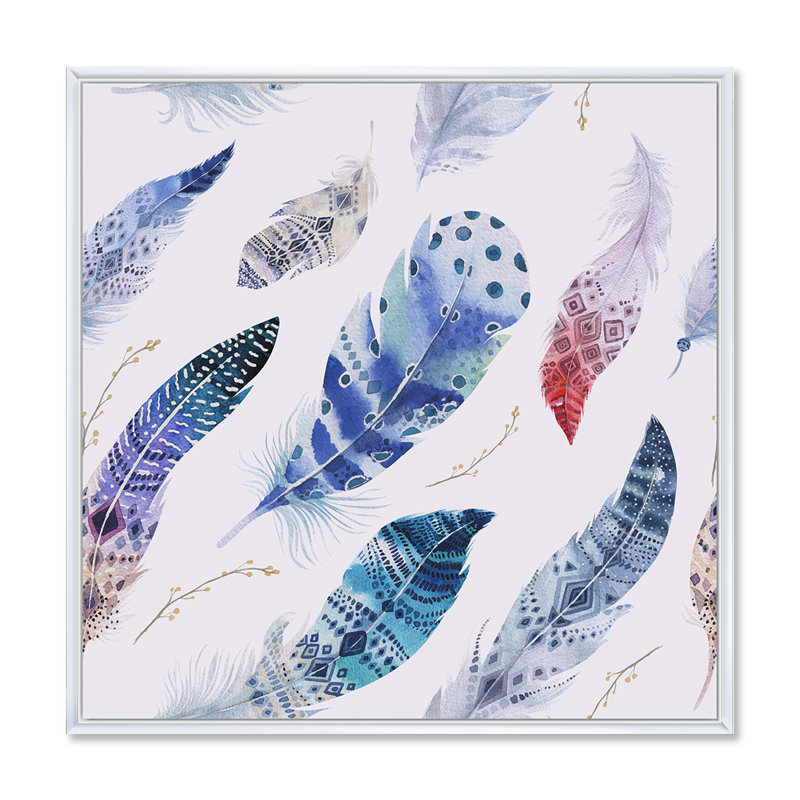 «Elegant Blue Boho Feathers», impression sur toile, Cadre blanc, H 16 po x l 16 po x P 1 po