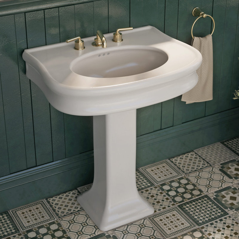 Isabella 34" White Ceramic Rectangular Pedestal Bathroom Sink with Overflow, 8" Centers