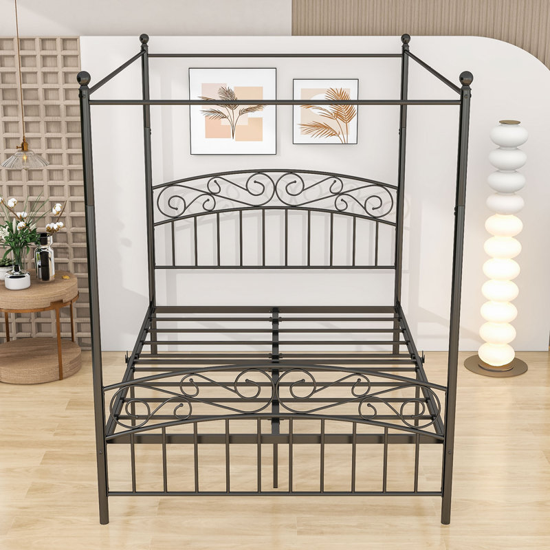 Ebrahima Metal Canopy Bed with Headboard, Black, Queen