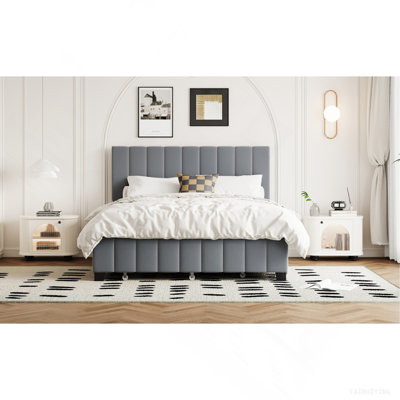 Velvet Upholstered Platform Bed With 2 Drawers And 1 Twin XL Trundle- Gray