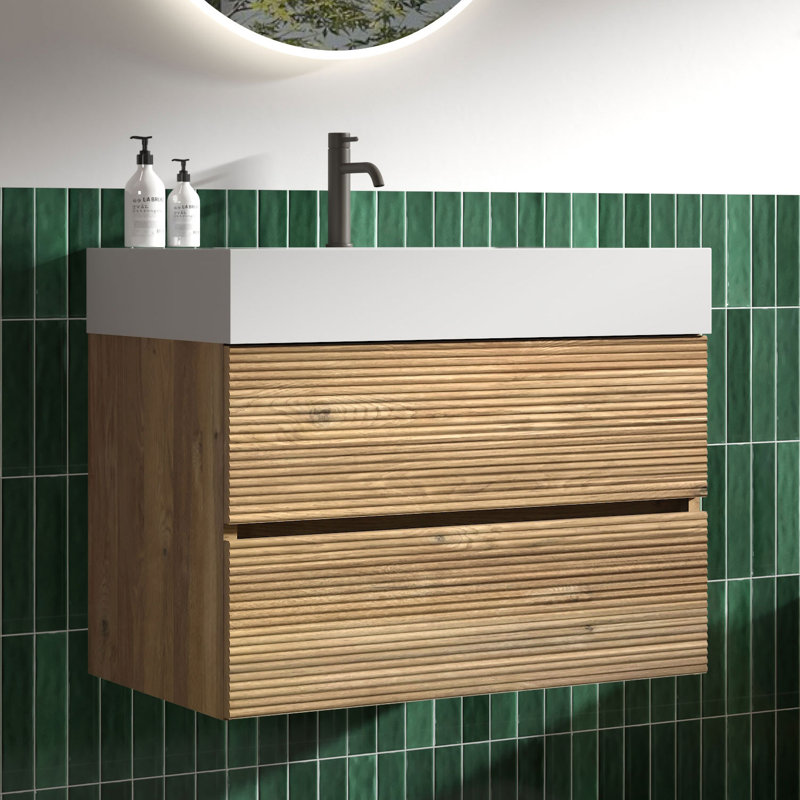 Meuble-lavabo mural avec surface solide et 2 tiroirs à fermeture en douceur, Chêne brut, 30", Blanc
