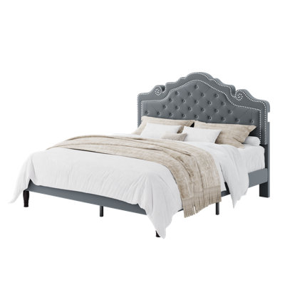 Antonious Velvet Tufted Crown-Shaped Headboard Platform Bed，3-Level Adjustable Height ,No Box Spring Needed,Underbed Storage,Full Size,Gray
