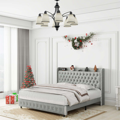 Wingback Upholstered Platform Bed Frame With Galaxy Projector, Diamond Button Headbaord, USB Charger, Music Speaker