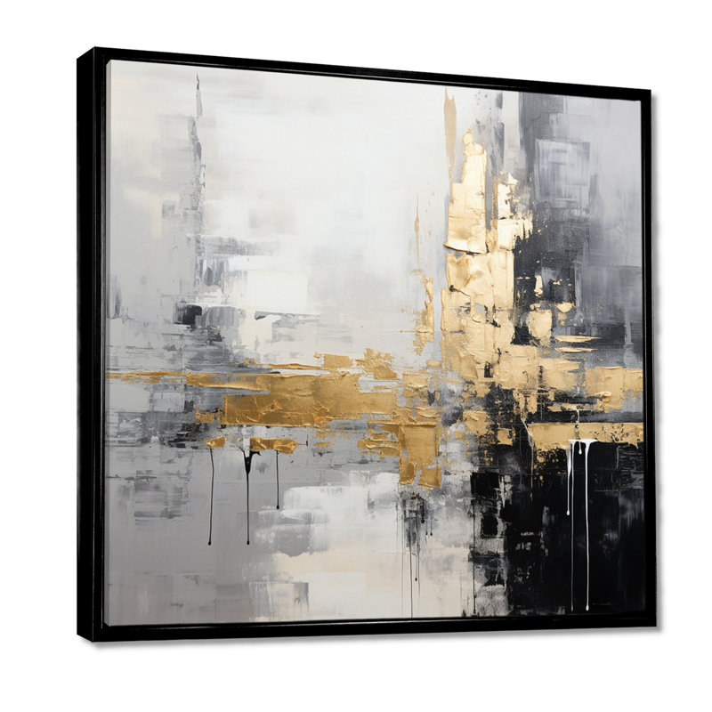 Or, ville dorée, blanc, gris, noir, peinture abstraite, art mural sur toile, 44" H x 44" W, Cadre flottant noir