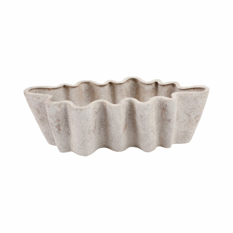 Earthenware Decorative Bowl With Wavy Sculpted Design - 17" Taupe Tabletop Accent For Home, Office, Or Living Room Decor
