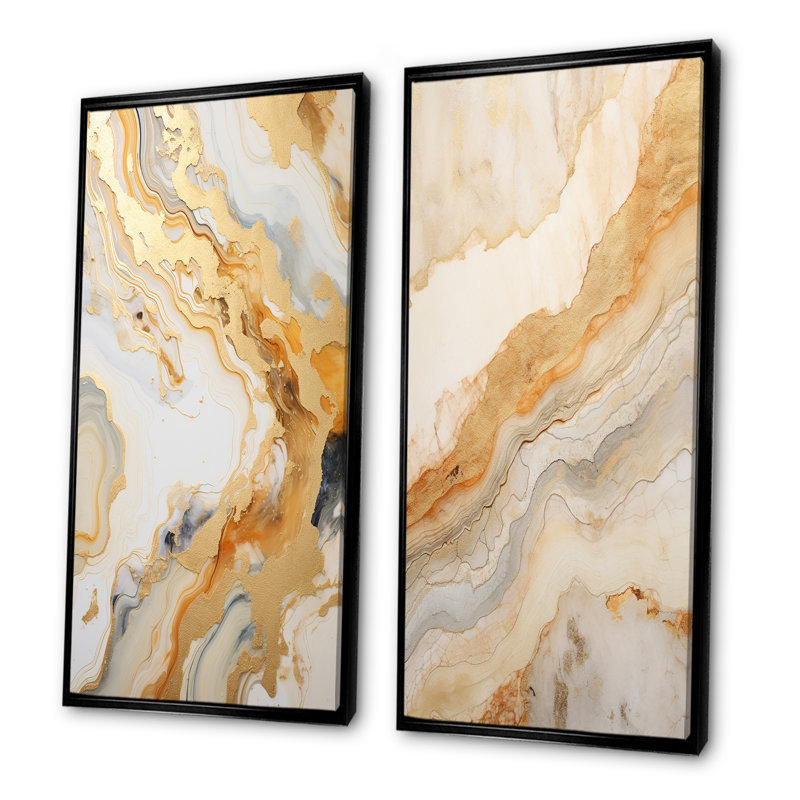 Or et blanc rivière de marbre - ensemble de 2 reproductions d'art abstrait en marbre, H 28 po x l 25 po, Cadre noir
