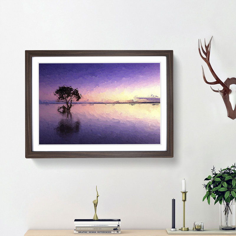 Tree Alone During a Purple Sunset in Abstract - Picture Frame Painting Print, 27cm H x 36cm W x 2cm D, Walnut Framed