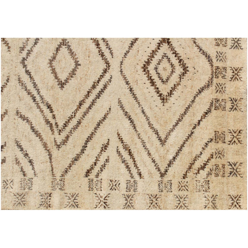 Ivory & Brown Tribal Wool Area Rug 8' x 10' ft – Hand-Knotted Diamond Geometric Area Carpet