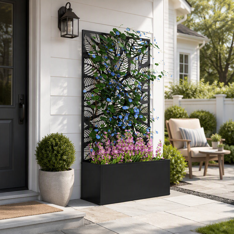 Lit de jardin surélevé en métal avec treillis et panneau d'intimité pour plantes grimpantes d'extérieur et décoration de patio