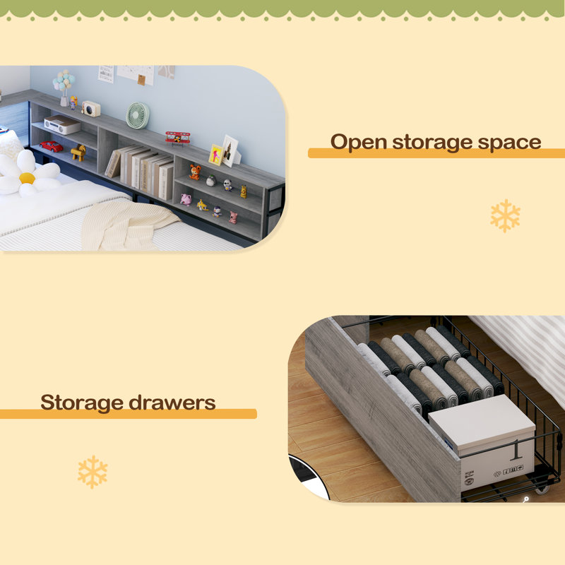 Corner Daybed With Storage Drawers, Bookcase Headboard, LED Lighting & USB Charging Station, Full