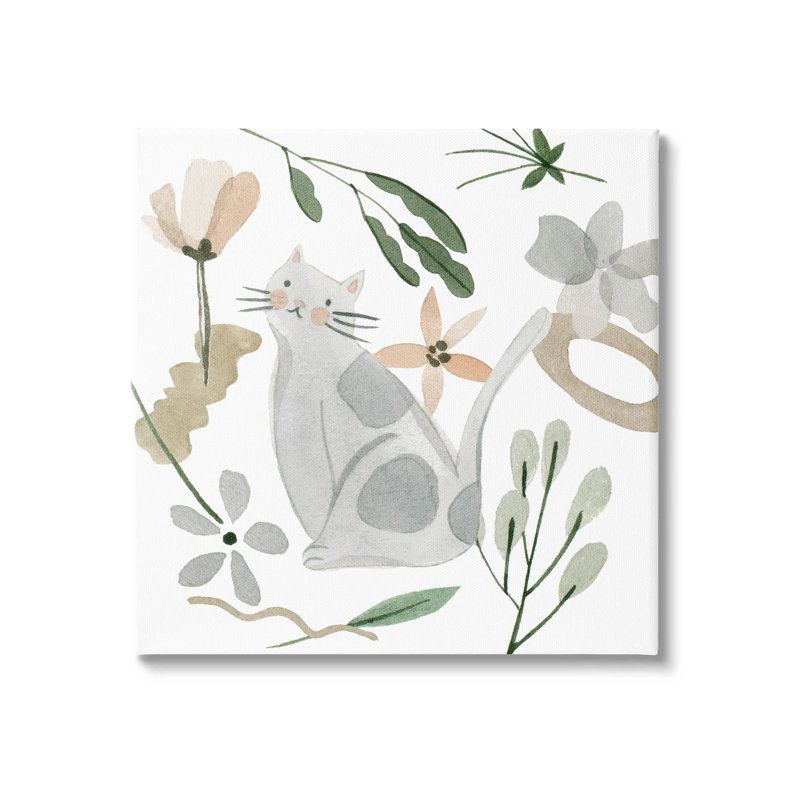 Whimsical Cat and Herbs Multicolor Canvas Wall Art