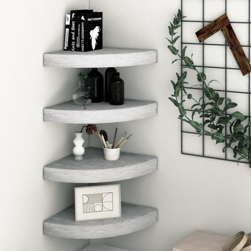 Wall Corner Shelf Floating Corner Shelf Wall Mounted Display Shelf, 1.4" H x 9.8" W x 9.8" D, Oak/White