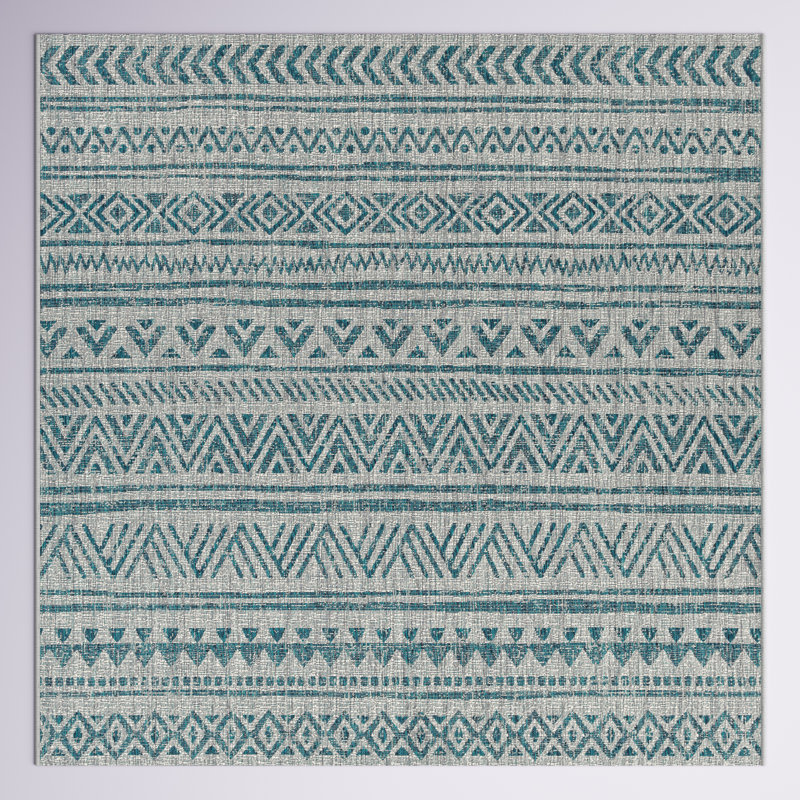Tomas Southwestern Machine Woven Aqua/Gray Area Rug, Square 7'10"
