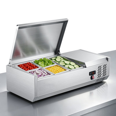 Unité de préparation de comptoir réfrigérée pour comptoir 14 pte ETL, idéale pour les cuisines commerciales et les bars à salade, 160 W, comprend 1 casseroles 1/3 et 4 x 1/6, dégivrage automatique, température réglable, couvercle en acier inoxyd
