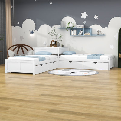 Lit plateforme en L à 2 tiroirs avec lit gigogne simple