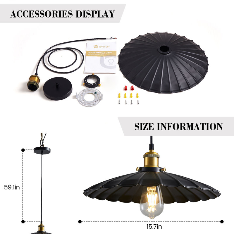 Modern Hanging Light Fixture, Metal Pleated Lampshade Kitchen Island Pendant Lights Black Hanging Light Fixture 15.7 Inch Hanging Pendant Light Height Adjustable