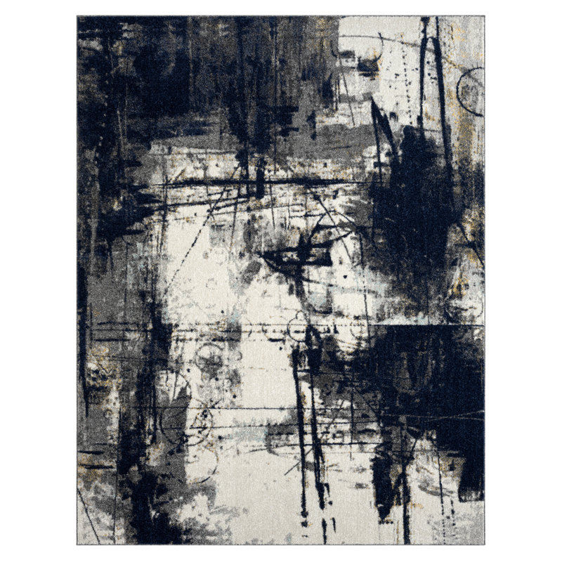 Stourbridge Abstract Area Rug in Navy/White/Gray, Rectangle 9'3" x 13'