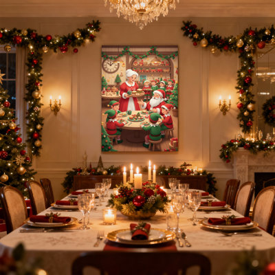 Christmas Christmas Elf Gathering With Santa And Mrs Claus Set of 3 Canvas Wall Art Prints