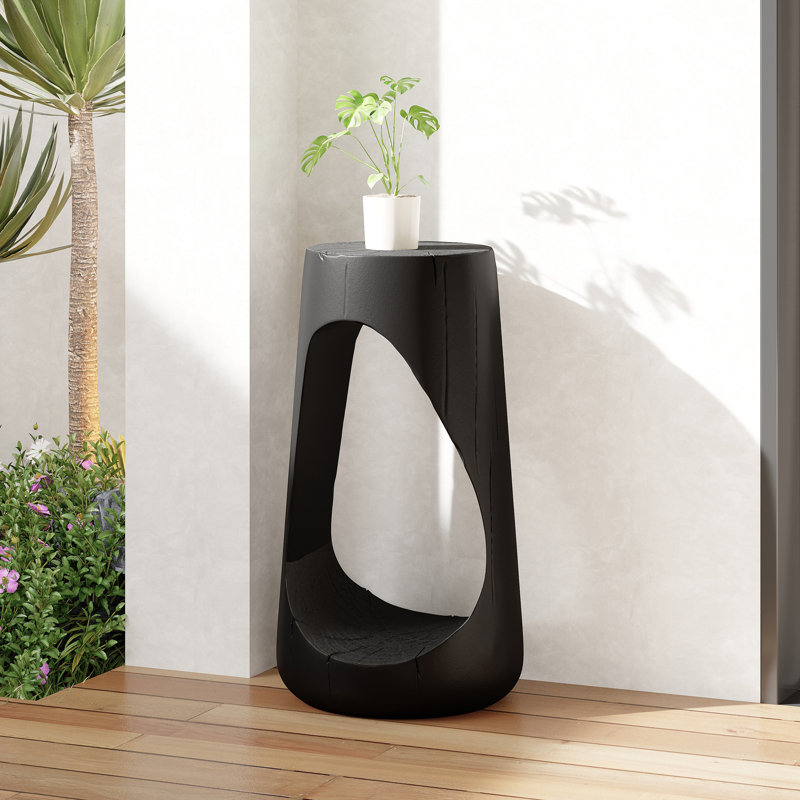 Table d'appoint d'extérieur, table de bout à conception creuse, table de tabouret de jardin de patio, table d'appoint décorative pour terrasse de balcon de plage, béton léger, texture semblable au bois, couleur noire