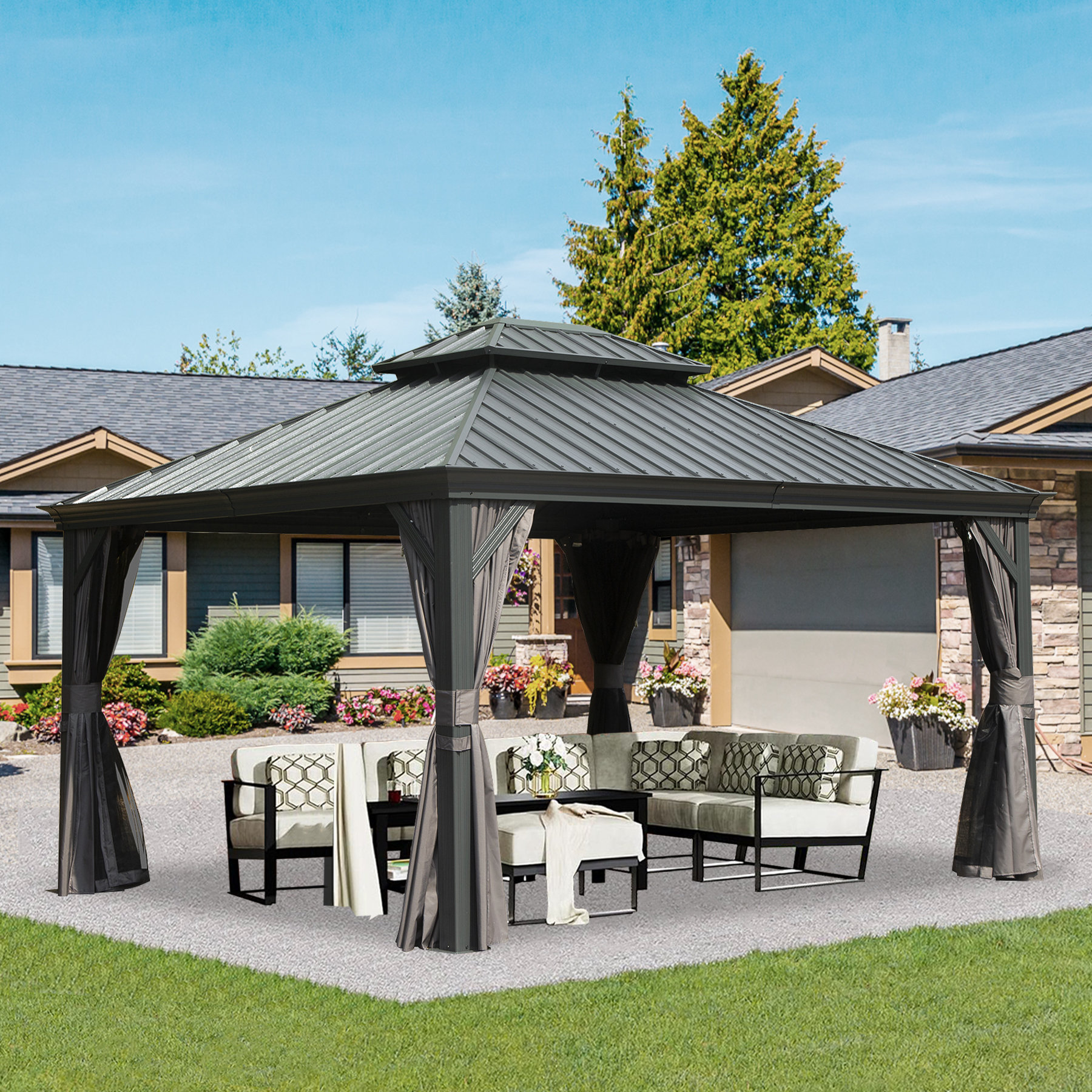 Domi Outdoor Living 12x12 Hardtop Gazebo – Aluminum Frame, Steel Roof, Gray, With Curtains And Mosquito Netting