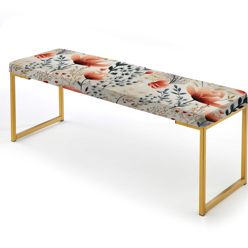 Floral Upholstered Gold Bench, Neutral Foliage - Plants