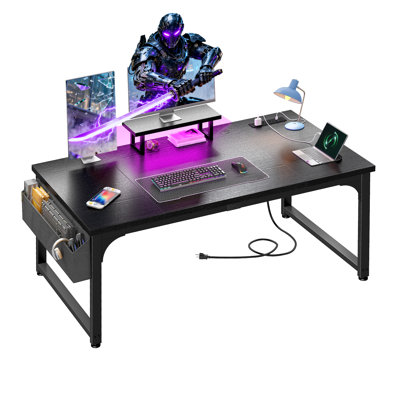 Home Office Computer Gaming Desk with Monitor Stand, LED Lights and Power Outlets